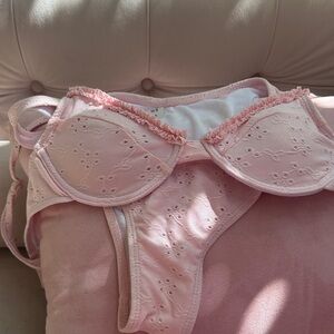 Women's Pink Eyelet Lace Bra & Thong Set